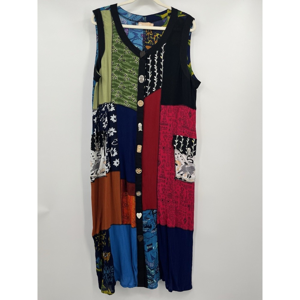 La Cera Womens Patchwork Midi Dress Fish Novelty Button Artsy Boho 1X Colorful
